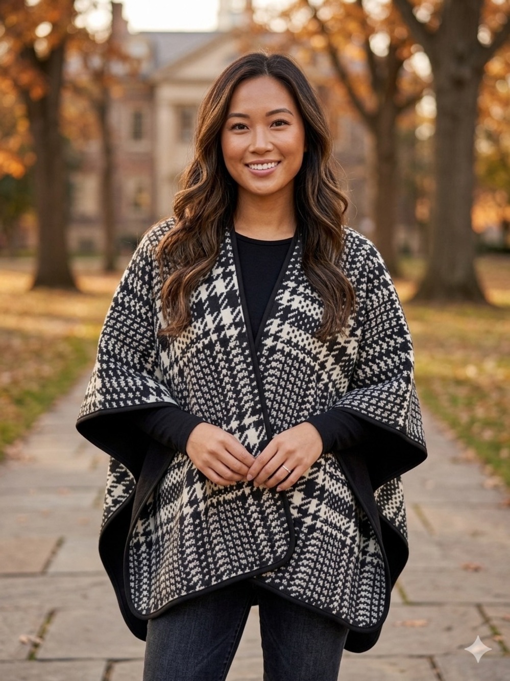 Black & Cream Houndstooth Knit Poncho - Women's Open-Front Wrap